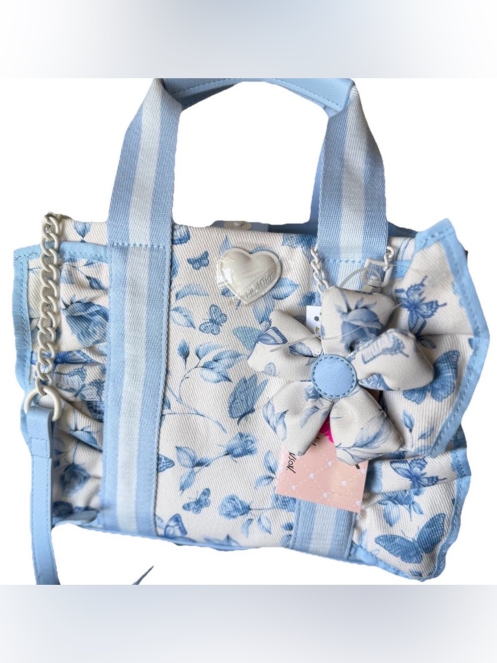 Betsey Johnson Ruffle Blue Rose Butterfly Handbag Satchel Crossbody Tote hearts
